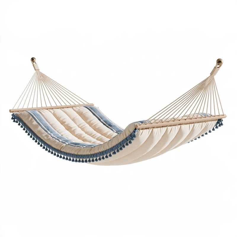 Hängematte 300 x 120 cm aus Baumwollgewebe in Cremeblau mit Holzspreizstäben