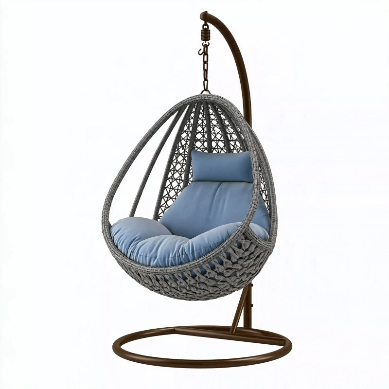 Hängesessel 105 x 105 x 195 cm aus Polyrattan Grau Blau mit Stahlgestell