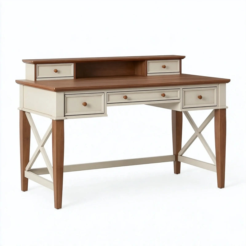 Schreibtisch 120 x 55 x 100 cm Holz cremebraun mit 5 Schubladen Landhausstil