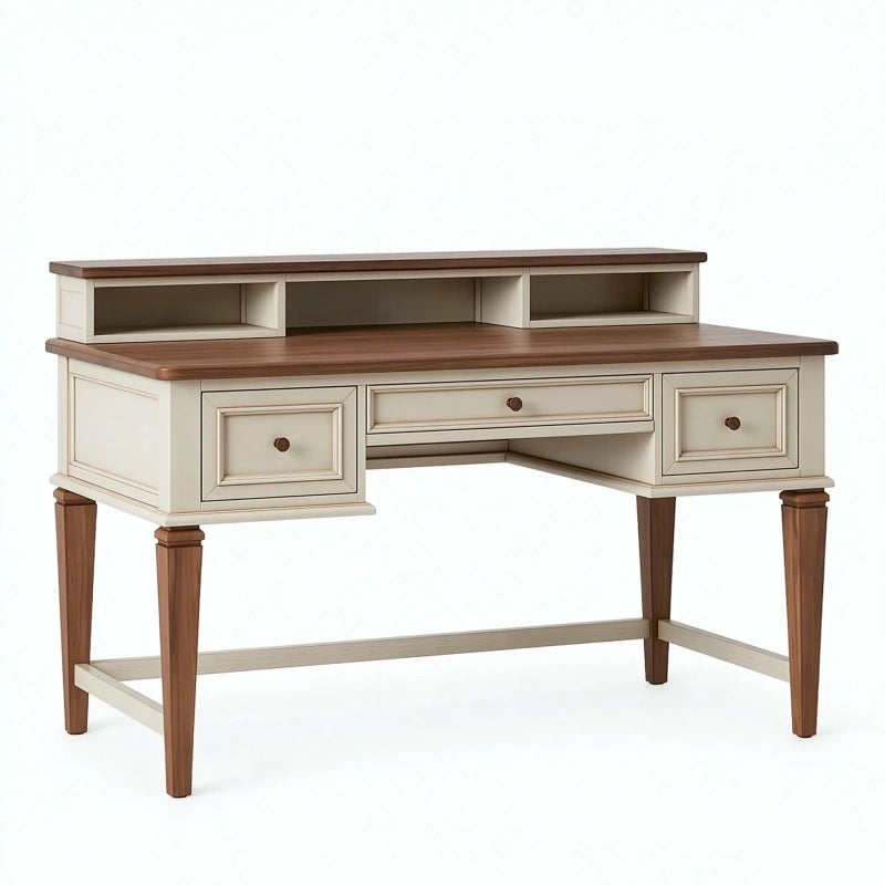 Schreibtisch 150 x 60 x 95 cm aus Holz Creme Braun mit Schubladen und Ablagen