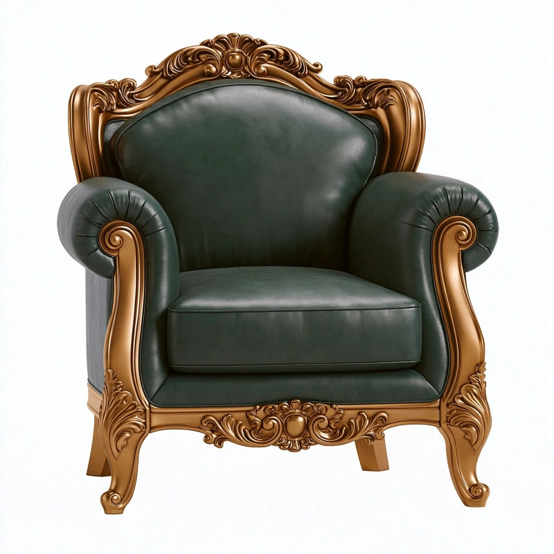 Sessel 110 x 95 x 120 cm in Dunkelgrün und Gold mit Lederoptikbezug im Barockstil