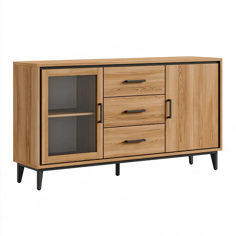Sideboard 160 x 40 x 85 cm in Eichenoptik mit Glasfront und Metallfüssen