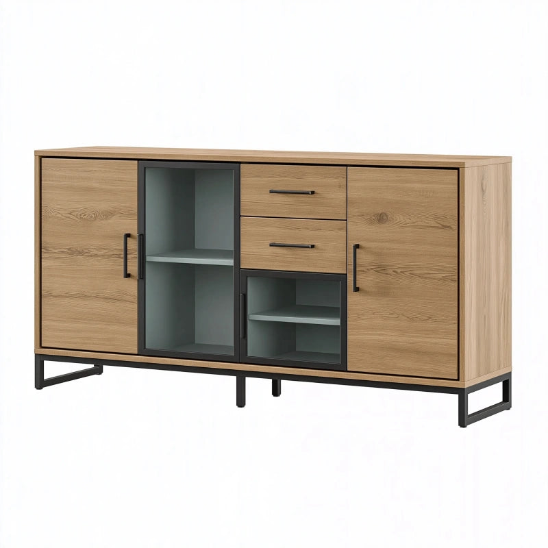 Sideboard 180 cm Eichenoptik mit Glas und Metallgestell modern