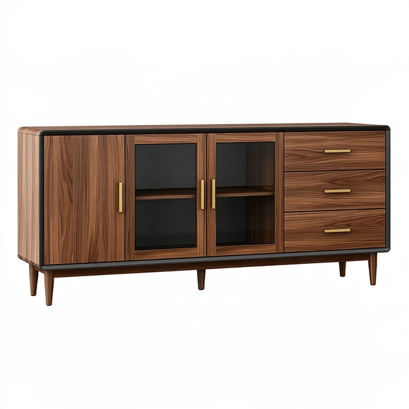 Sideboard 180 x 45 x 85 cm in Walnussbraun mit Glasfront und Schubladen im Mid-Century-Stil
