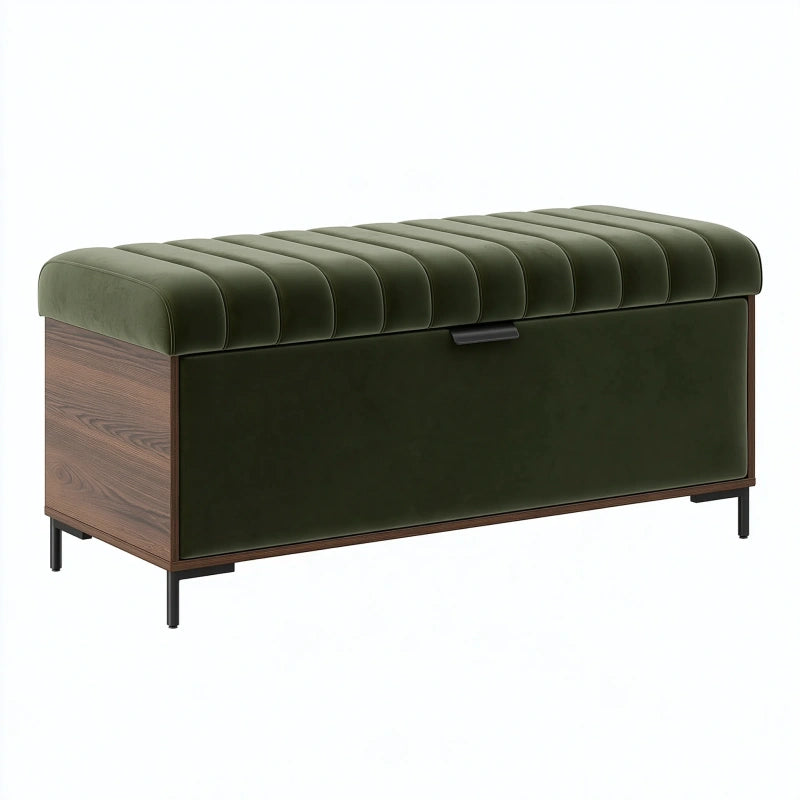 Sitzbank mit Stauraum 120 x 45 x 50 cm olivgrüner Samt Holzoptik gepolstert