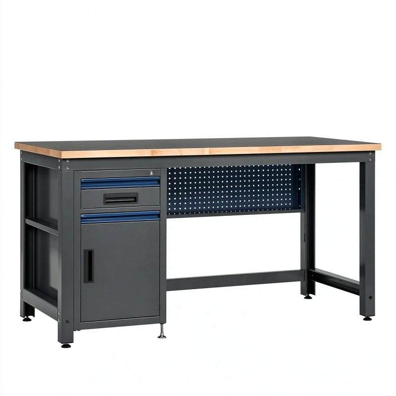 Werkbank 120 x 60 x 90 cm aus Metall und Holz Schwarz Braun mit Schubladen und Lochwand