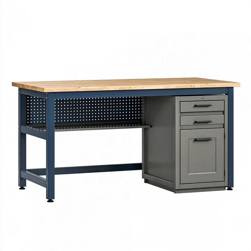Werkbank 150 x 60 x 88 cm aus Holz und Stahl mit Schubladen und Lochwand